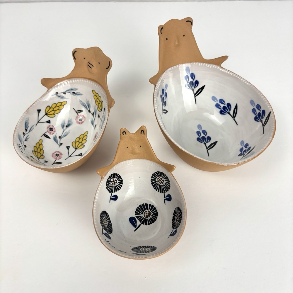 Anthropologie Ariya Ceramic Bear Floral Nesting Measuring Cups Trinket Dish Set